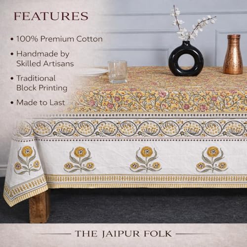 Hand Block Printed Floral Cotton Tablecloth 60x90 in - Pink Yellow, Dust Proof & Wrinkle Resistant