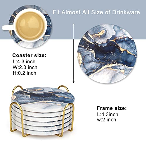 Navy Blue Marble Ceramic Coasters Set of 6 with Gold Metal Holder - Absorbent & Non-Slip