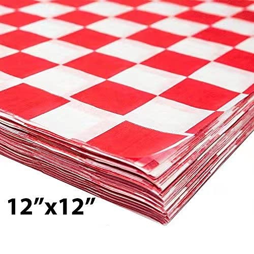 200 Sheets Orange and White Checkered Food Wrapping Paper, Dry Waxed Deli Paper for Plastic Food Basket, Bread and Sandwich Wrap (12''x12'') (Orange)