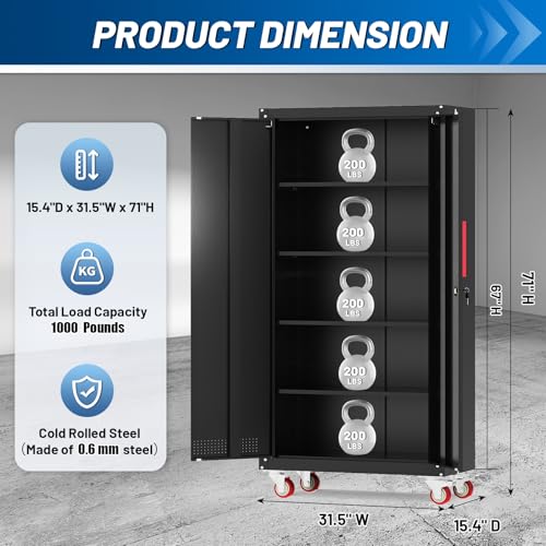 71" Rolling Metal Garage Storage Cabinet with Lock and Adjustable Shelves