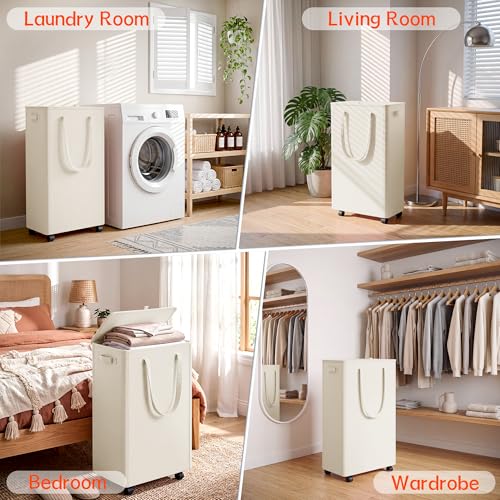 Vincona Slim Rolling Laundry Hamper with Lid and Wheels - 75L Tall Collapsible Clothes Basket