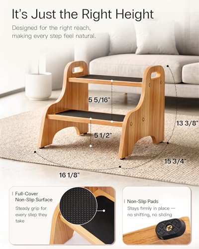 Wooden 2-Step Stool for Toddlers, Non-Slip Kitchen and Bathroom Stool