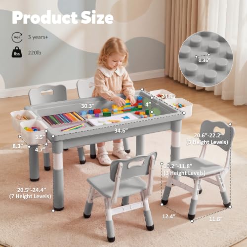 Kids Table and Chairs Set with Storage & Adjustable Height - Grey, 4 Chairs + 1 Table