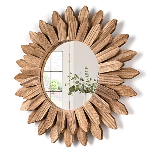 12-Inch Rustic Wood Sunburst Wall Mirror - Decorative Boho Wall Decor