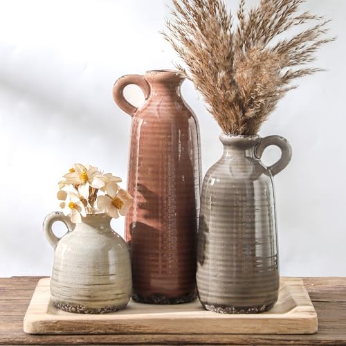 Rustic Ceramic Vases Set of 3 - Brown Boho Farmhouse Decorative Vases