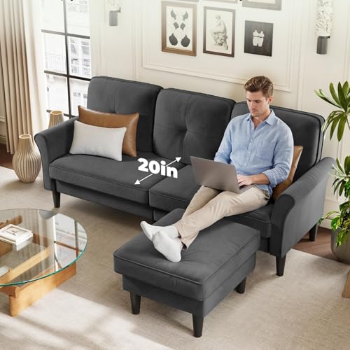 83-Inch Velvet L-Shaped Sectional Sofa with Ottoman for Small Living Rooms