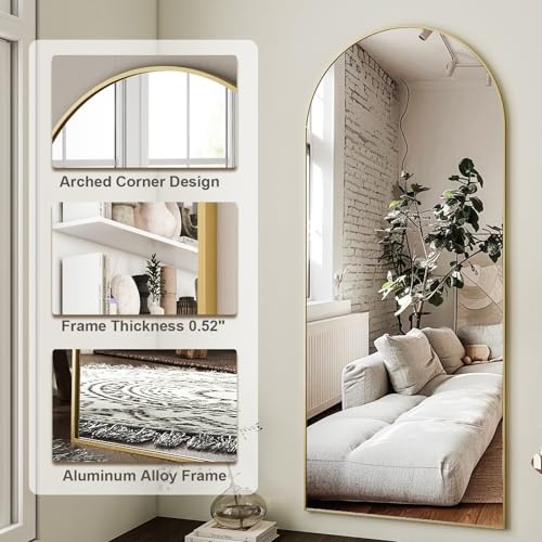 Arched Full Length Floor Mirror - 64" x 21" Gold Aluminum Frame