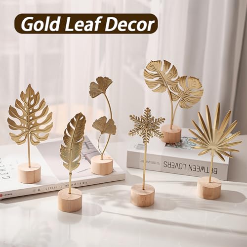 Gold Leaf Sculpture Table Decor, Modern Metal Botanical Shelf Statue