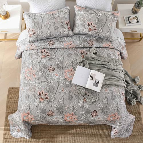 Grey Floral Quilt Set Queen Size - Soft Microfiber Bedding 3-Piece