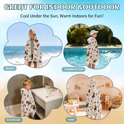 Western Cowboy Hooded Towel for Toddlers, 30"x50" Wearable Flannel Poncho