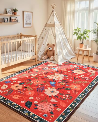 Macgace 5' x 7' Christmas Red Floral Rug for Girls Room - Machine Washable, Non-Slip Backing