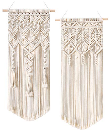 Boho Macrame Wall Hanging Set of 2 - Hand-Woven Ivory Cotton Tapestry Decor