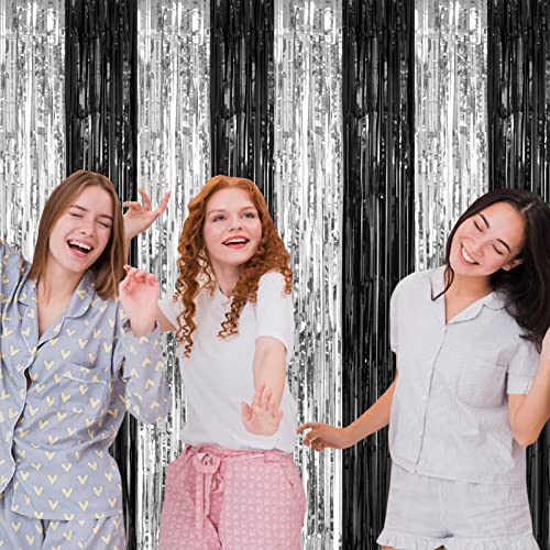 Black and Silver Foil Fringe Curtains (2 Pack, 3.2 x 8.2 ft) Photo Backdrop