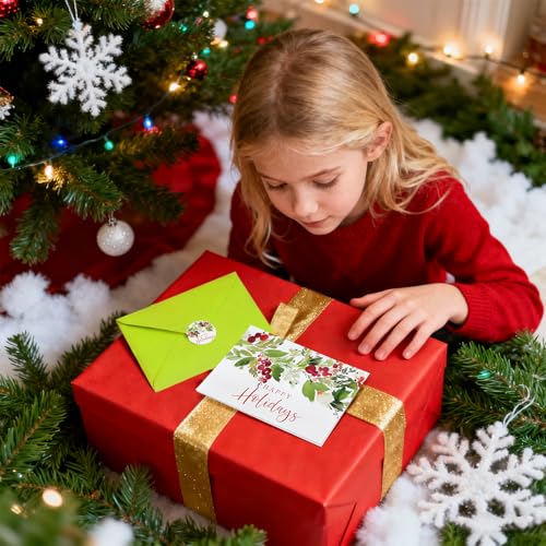 Whaline 100 Pack Christmas Greeting Cards Bulk Holiday Berries & Leaves with Envelopes & Stickers