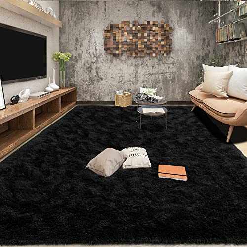 4x6 Black Fluffy Area Rug - Soft Plush Shaggy Carpet with Non-Slip Backing
