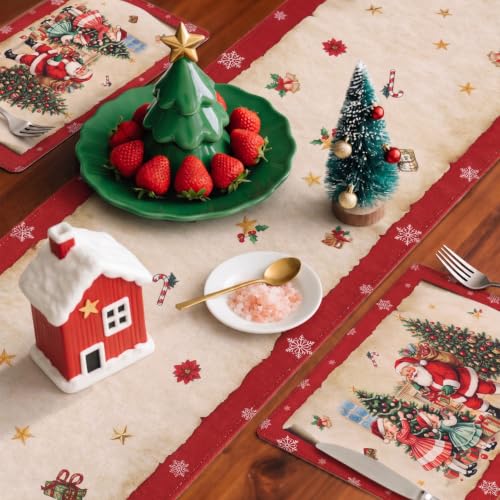 5 Pack Red Vintage Santa Christmas Table Runner and Placemats Set