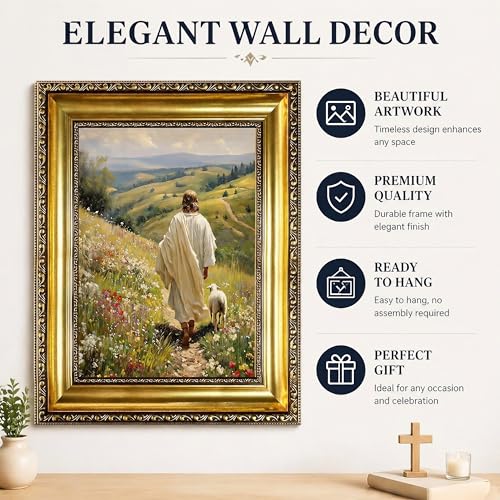 Jesus and Lamb Framed Canvas Wall Art - Good Shepherd Lost Sheep 12x16in - Christian Home Decor