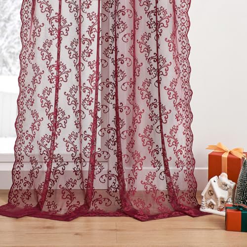 Burgundy Lace Curtains 84 Inches Long - 2 Panels Light Filtering Drapes