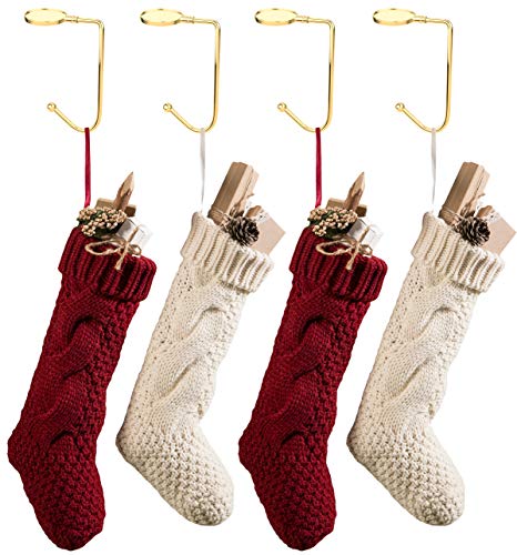 Gold Christmas Stocking Holders for Mantel - 4 Pack Non-Slip Fireplace Hooks