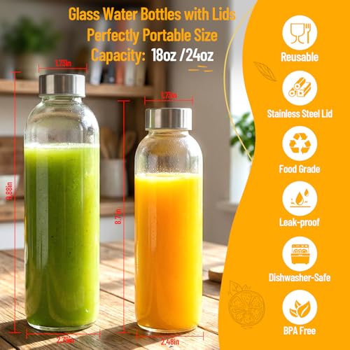 18oz Reusable Glass Water Bottles with Stainless Steel Lids, Set of 6