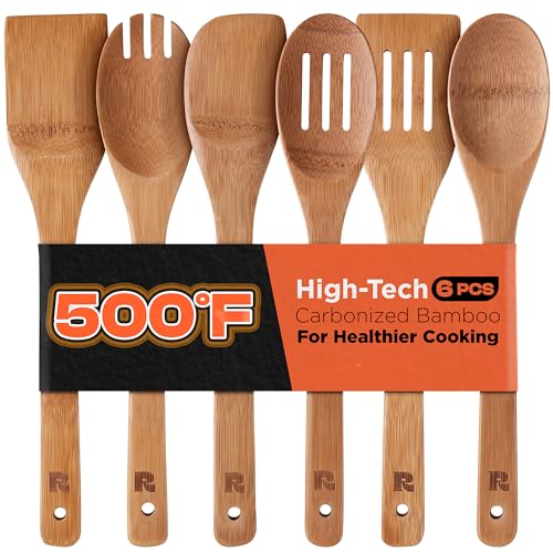 Dark Bamboo Wooden Cooking Spoons & Spatula Set, 6-Piece Nonstick Utensil Set