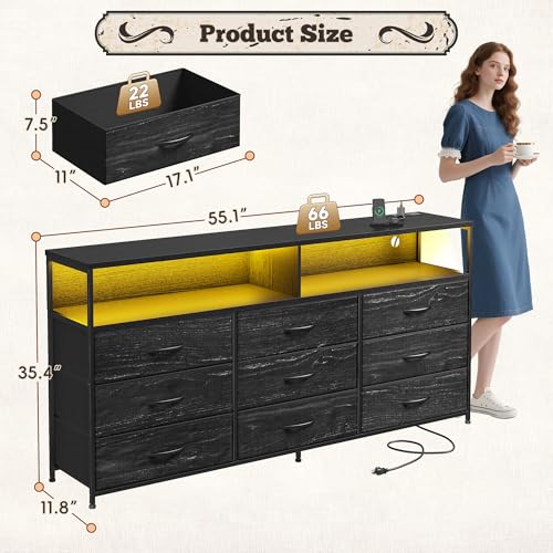 55-Inch 9-Drawer Bedroom Dresser with LED Lights, Power Outlets & TV Stand