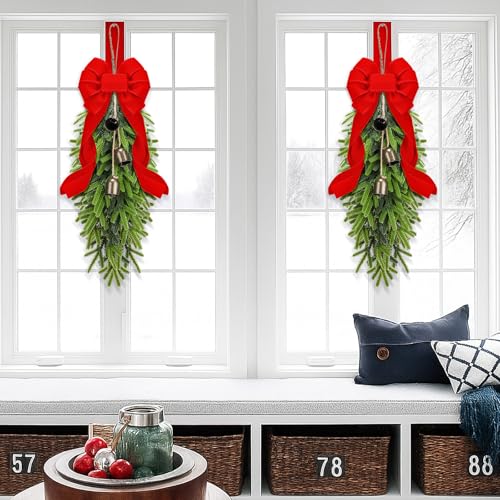 23.6-Inch Christmas Teardrop Swag Wreath with Bells and Red Ribbon