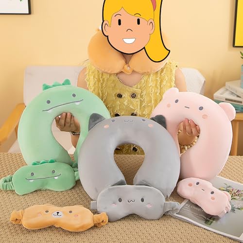Kids Travel Neck Pillow with Eye Mask - Memory Foam Dinosaur Design