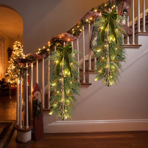 36-Inch Artificial Christmas Teardrop Swag with LED Lights and Velvet Bow