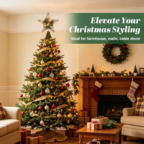 FLAVCHARM Rustic Brown Jute-Wrapped Christmas Tree Topper Star with Red Berries & Pine Cones, 20 LED Warm Lights, Battery Operated, 6H Timer