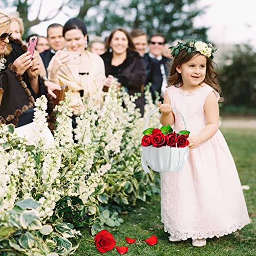 4-Piece White Satin Flower Girl Baskets with Pearl Bows for Weddings