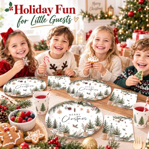 Xmas 50-Piece Oval Plates & Napkins Set, 12" Dinner Plates + 6.5" Napkins, Boho Christmas Tree Design, Recyclable