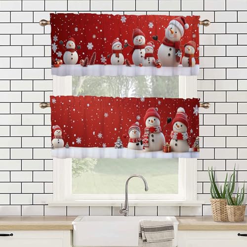 Christmas Kitchen Curtain Valances 2 Pack 54x18in, Cute Snowman Design, Red Window Decor
