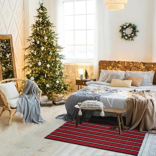 Christmas Red & Black Plaid Rug 3x5 ft Indoor/Outdoor Hand-Woven Cotton Layered Rug