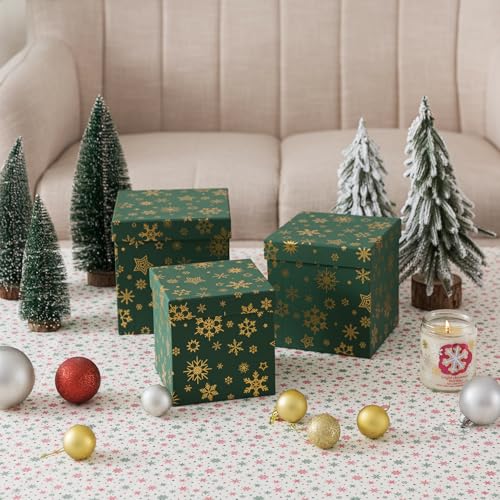 Soul & Lane Christmas Nesting Gift Boxes with Lids - Emerald Snowfall Set of 3, Green Holiday Decor