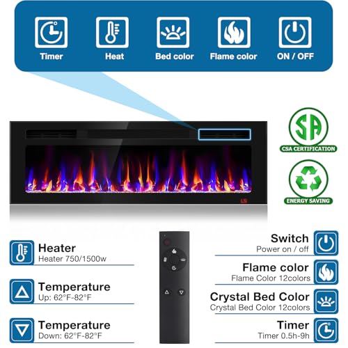 50-Inch Electric Fireplace Recessed Wall Mounted Heater with Remote