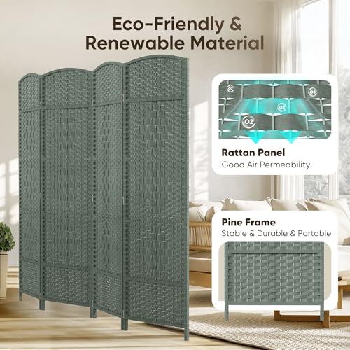 4-Panel Rattan Room Divider, 6ft Extra Wide Freestanding Privacy Screen
