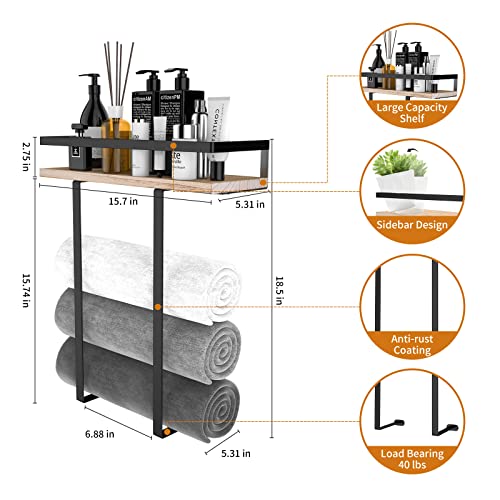 Wall Mounted Towel Rack with Wooden Shelf - Black Metal Bathroom Organizer
