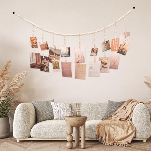 Boho Wooden Bead Hanging Photo Display with 18 Clips - 43-Inch Wall Garland