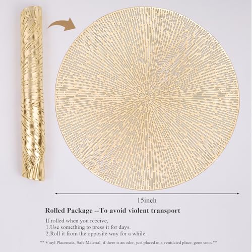 15 Inch Gold Round Placemats Set of 6 - AdasBridal Vinyl Table Mats, Pressed Metallic Decor