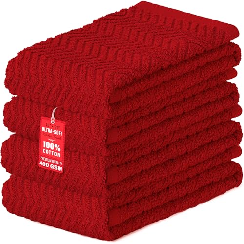 100% Cotton Kitchen Towels - Absorbent Dishcloth Set, 15x25 Inch, Red, 4-Pack