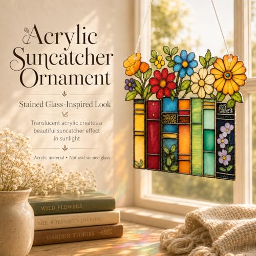 Book Lover Ornament, Acrylic Floral Book Suncatcher for Reading Enthusiasts