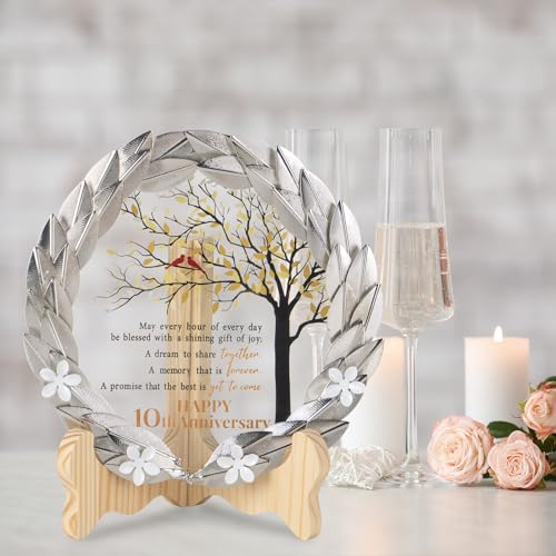 10th Anniversary Wedding Gift Crystal Plaque with Golden Metal Wreath