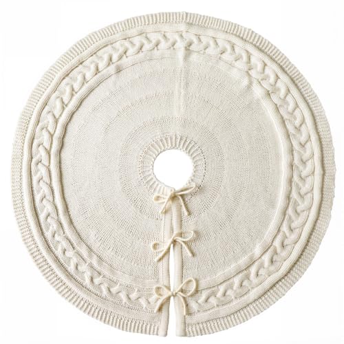 MelonBoat 36 Inch Knitted Christmas Tree Skirt - Cozy Neutral Holiday Decor
