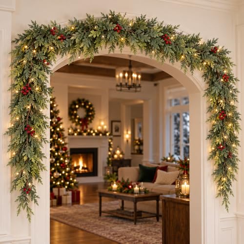 Anytin 6 FT Real Touch Artificial Cedar Christmas Garland for Mantel, Rustic Holiday Decor