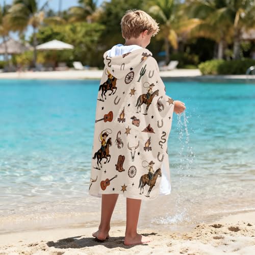 Western Cowboy Hooded Towel for Toddlers, 30"x50" Wearable Flannel Poncho