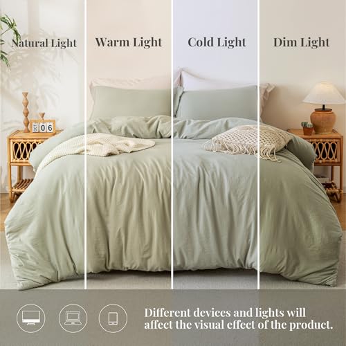 Queen Duvet Cover Set - 3 Piece Ultra Soft Washed Microfiber Bedding, Mist Sage