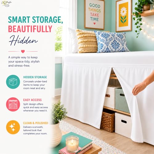 Twin XL Bed Skirt with 32 Inch Drop - Tailored Box Pleated Dorm Bedskirt, White