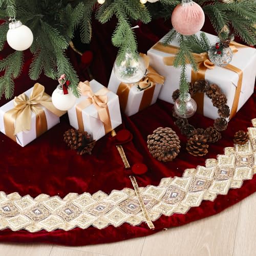Soulchen 60-Inch Burgundy Velvet Christmas Tree Skirt with Gold Edge and Pearl Embellishments