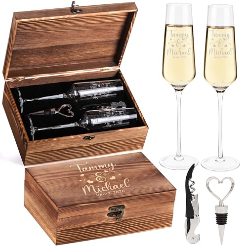Personalized Champagne Flutes Set with Wooden Box - Engraved Names & Date, Wedding Gift